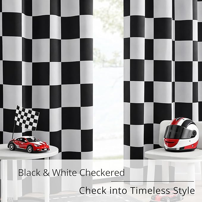 100% Blackout Curtains – Black and White Checkered Race Flag Pattern, 2 Panels, Each W52×L96, Thermal Insulated, Nosie Reducing for Bedroom, Living Room, Race car Drapes
