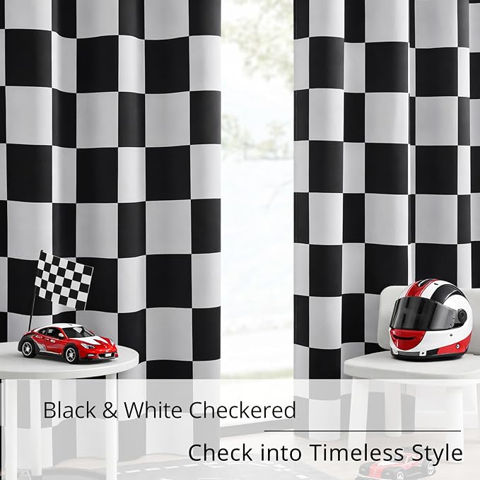 100% Blackout Curtains – Black and White Checkered Race Flag Pattern, 2 Panels, Each W42×L54, Thermal Insulated, Nosie Reducing for Bedroom, Living Room, Race car Drapes
