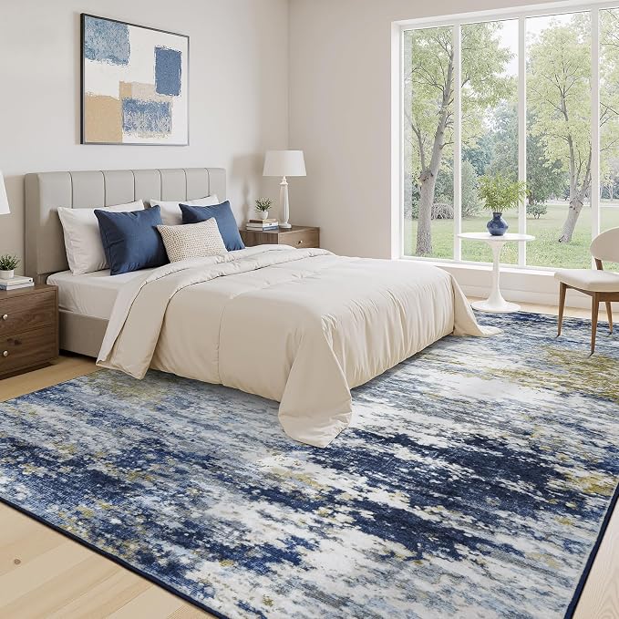 8x10 Area Rug for Living Room, Abstract Washable Large Rugs, Dark Blue | Neutral Carpet for Bedroom, Dining Room, Home Office, Nursery,Indoor, Stain Resistant, Non-Slip, Low Pile, Modern Rug