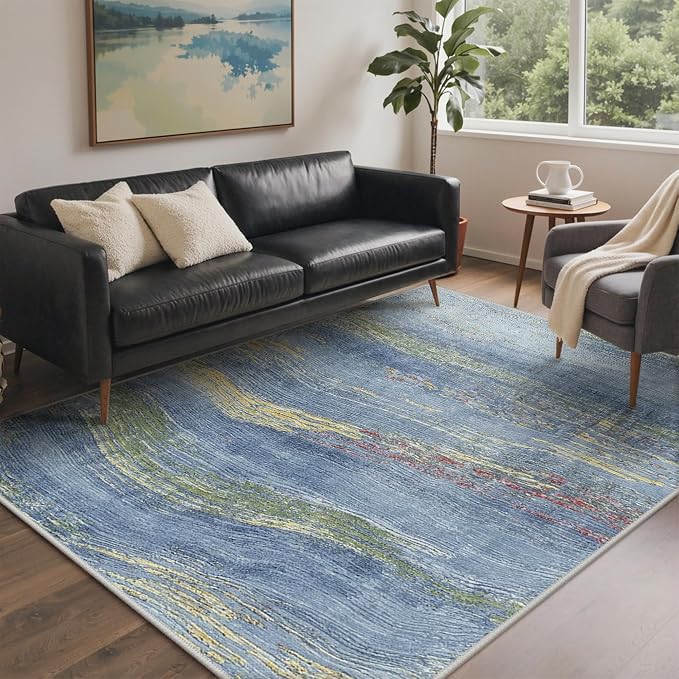 BEIMO 6x9 Washable Area Rug for Living Room, Wave Abstract Ocean Blue | Soft Machine Washable Modern Rug,Streaks Pattern Non Slip Indoor Carpet for Dining Room Playroom Bedroom Office