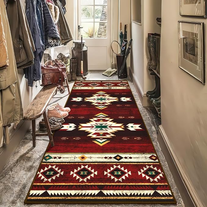 BENRON Western Hallway Runner Rug 2x6, Long Runners for Kitchen, Red | Southwest aztec Rug, Accent and Tribal Throw Rugs for Bedroom, Washable