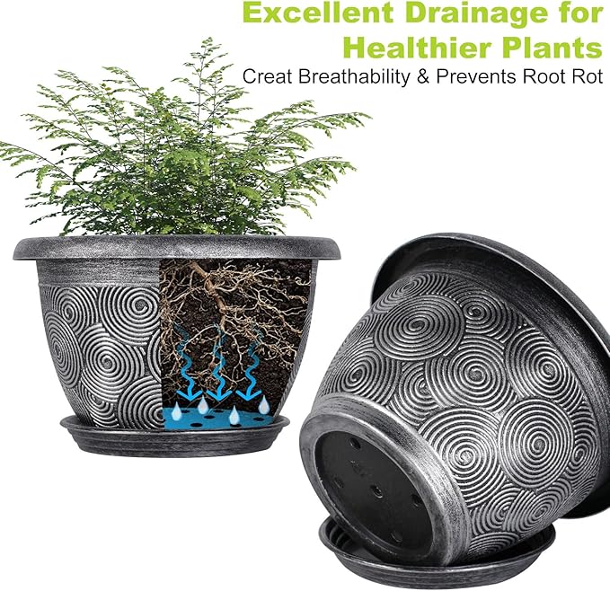 10-Inch -Plastic-Pots -For-Plant With Saucer, 4 Pack Outdoor Planters With Drainage Holes, Decorative Flower Pots For Indoor Plants, Modern 3D Swirl Silver Plant Pots With With Removable Tray