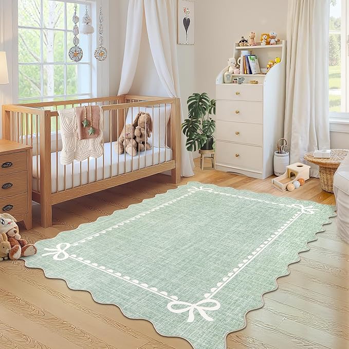 GarveeHome Scalloped Bow Rug 4x6 Washable Rugs for Living Room, Sage Green | Non Slip Soft Low Pile Indoor Carpet for Nursery Girls Bedroom Decor Hallway Kids Room College Dorm Playroom