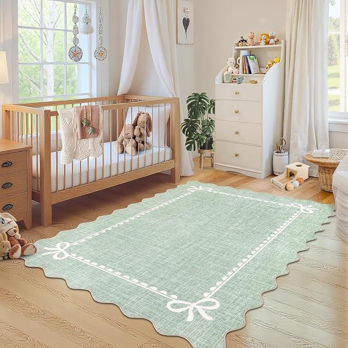 GarveeHome Scalloped Bow Rug 9x12 Washable Rugs for Living Room, Sage Green | Non Slip Soft Low Pile Large Indoor Carpet for Nursery Girls Bedroom Decor Hallway Kids Room College Dorm Playroom