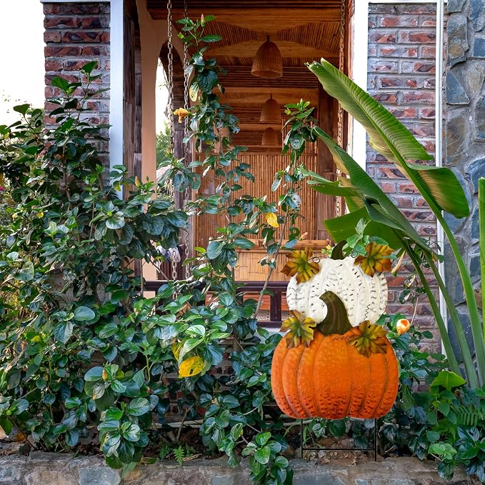 Metal Pumpkin Yard Stakes Fall Harvest Garden Lawn Yard Porch Outdoors Welcome Decorations, Autumn Halloween Thanksgiving Decorative Pumpkins Outdoor Décor