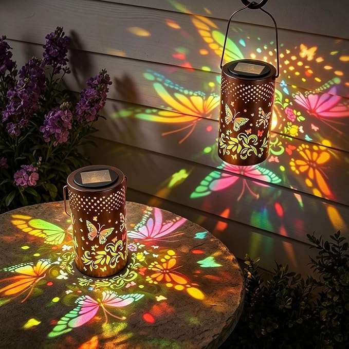 2 Pack - Colorful Butterfly Hanging Solar Lanterns Outdoor Waterproof, Decorative Metal Solar Hanging Lanterns for Porch Yard Tabletop Path Lawn and Garden Decor, Ideal Gifts for Mom Grandma Women