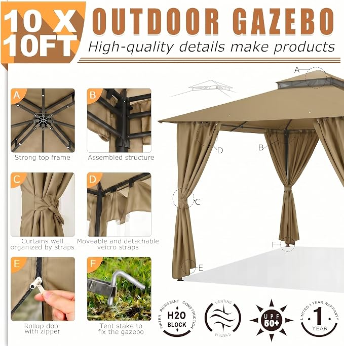 COBIZI 10x10 Gazebo with Double Roof & Mosquito Netting Outdoor Heavy-Duty Party Tent, Patio Tent with Zipper Screens - Backyard Garden Lawn Shelter Includes Wind Ropes Expansion Bolts, Khaki