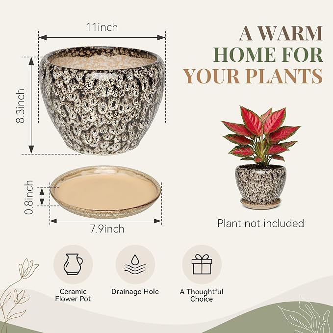 11 Inch Ceramic Plant Pot with Drainage Hole Mesh Net, Large Gardening Pots for Indoor Plants with Saucer, Speckle White