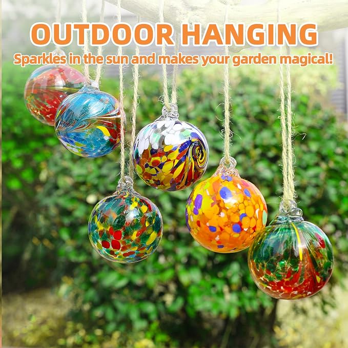 VOREEN 6-Pack Blown Glass Christmas Ornaments, 2.56" Handblown Hanging Glass Gazing Balls for Christmas Tree Decoration, Holiday Ornament Gift Set（Colorful Festival Mix）