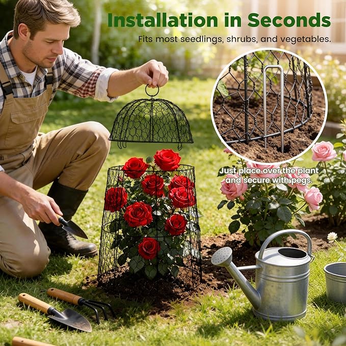 6 Pack XL Metal Garden Cloches for Plants, 17" Height Rustproof Chicken Wire Cloches for Seedlings, Vegetables & Flowers, Plant Protectors from Animals Includes 6 Humidity Domes & 24 Stakes - Black