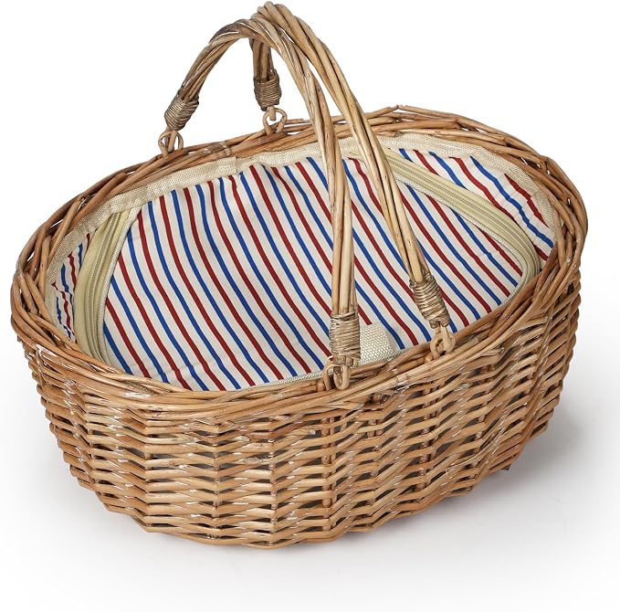 Wicker Picnic Basket with Insulated Lined Bag 15“ x 11” x 7“ Red, White,Blue Star Stripe Pattern, Iced Beer Insulated Bag for Camping, Picnics, Birthday Gifts, Wedding Gifts