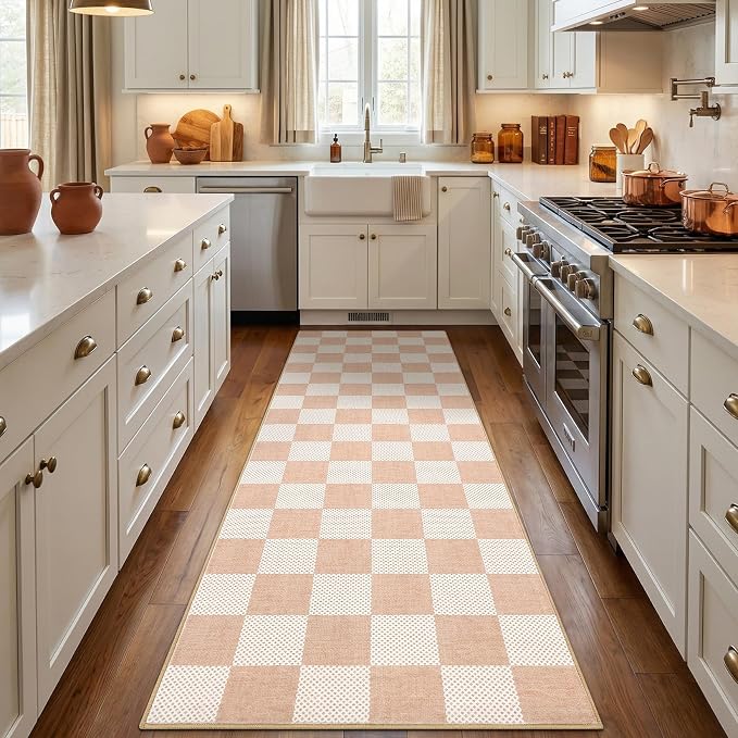 GarveeHome Checkered Blush Beige 2x6 Washable Low-Pile Kitchen Runner Rug | Non-Slip Blush Beige Stain Resistant Rug for Kitchen Hallway Entryway Bedroom Bathroom Geometric Modern Rug TPE Backing