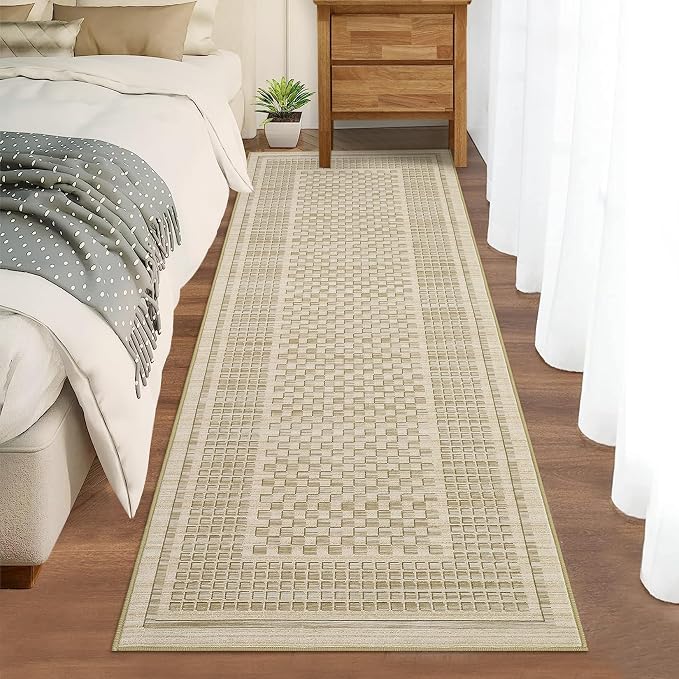 GarveeHome Washable Runner Rug 2x8 Runner Modern Non Slip Kitchen Runner Geometric Low Pile Entryway Rug Soft Bathroom Rugs Stain Resistant Carpet for Bedroom Hallway Laundry 2 ft x8 ft Beige