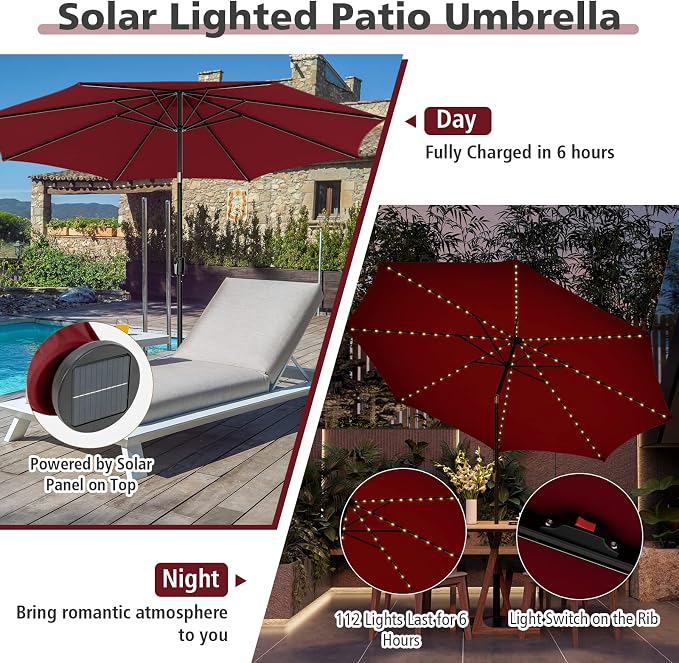 HAPPYGRILL 10 FT Solar Patio Umbrella with 112 LED Light, Outdoor Umbrella with Tilt Adjustment, Crank System, 8 Metal Ribs & Vented Top, Deck Table Market Umbrella for Garden Pool Deck Yard