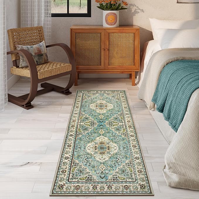 Lahome Felice Floral Medallion Runner Rug - 2x6 Hallway Bedside Turkish Throw Rug Runner Mat Soft Faux Wool Non-Slip Machine Washable Floor Carpet for Kitchen Laundry Bathroom, Sky/Baby Blue