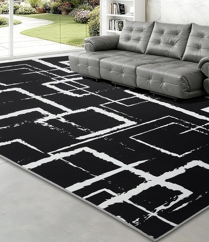 Black Modern Geometric Area Rug 8x10, Black and White Rug with Abstract Rectangular Patterns,Non-Shedding Washable Rugs for Bedroom, Home Office and Living Room