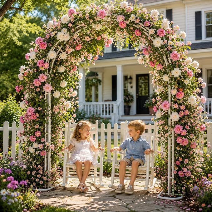 Metal Garden Arch, 98.5" W x 90.5" H Heavy Duty Metal Garden Arch Trellis for Climbing Plants (White, Arch)