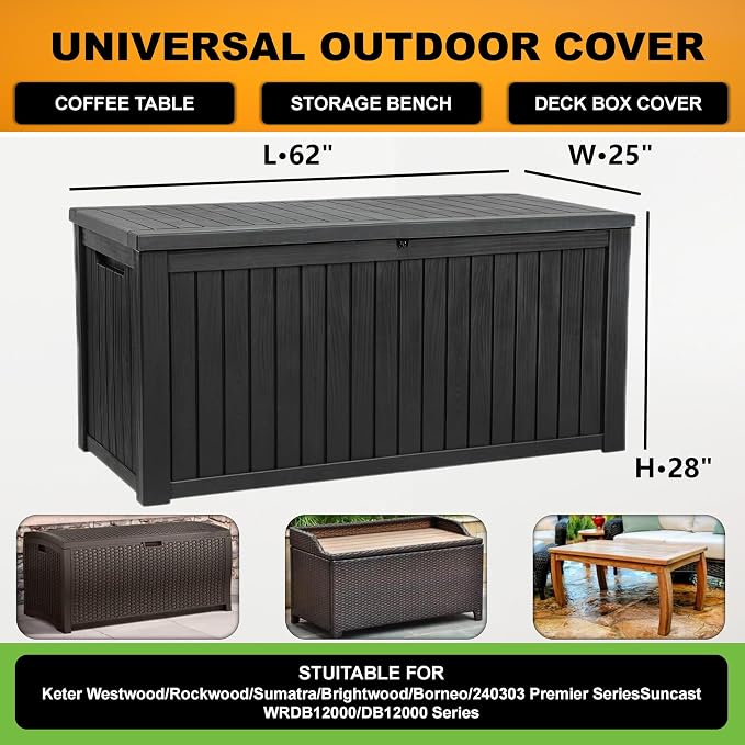 Deck Box Cover - Outdoor Storage Box Cover 150 Gallon, Heavy Duty 600D Oxford Cloth Water And Dust Resistant, Size 62x25x28 Inches Fits Most Patio Box.