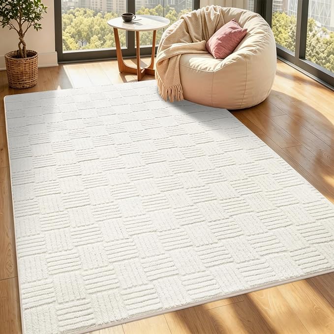 3x5 White Washable Shag Area Rug for Girls Bedroom, Modern Geometric Non Slip Living Room Rugs, Soft Carpet for Kids Room, Dorm, Office, Bedside, Entryway and Home Decor
