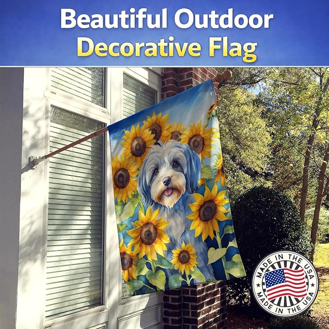 Caroline's Treasures DAC6168CHF Tibetan Terrier in Sunflowers House Flag Large Porch Sleeve Pole Decorative Outside Yard Banner Artwork Wall Hanging, Polyester, House Size, Multicolor