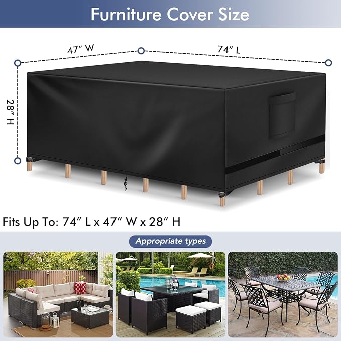 Richwon Patio Furniture Covers - Waterproof Rectangle, Heavy Duty for Outdoor Sectional Set 74"L x 47"W x 28"H, Black