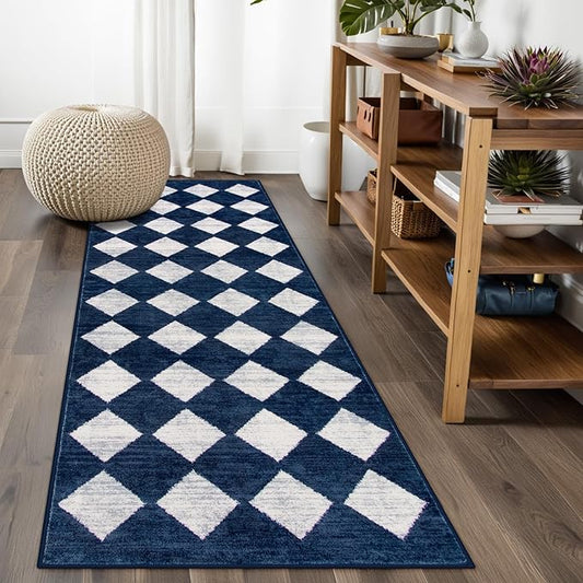 Lahome Zelie Checkered Washable Runner Rug,2x6 Rug Runners for Hallways Non Slip,Blue Kitchen Runner Rug,Moroccan Trellis Soft Low Pile Carpet Runners for Entryway Laundry Room Bathroom(2'x6',Blue)
