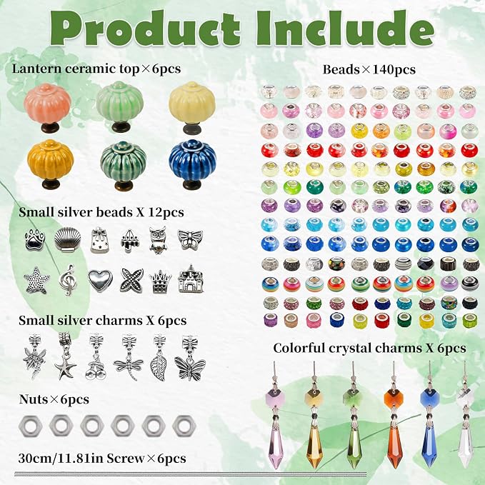 182Pcs Lantern Fairy Garden Stakes Kit, DIY Beaded Wand for Patio | 182pcs Set, 12" Rods, Ceramic Lantern Tops, Silver Charms & Crystal Drops, Ideal for Pots, Planters, Patio, Garden Gift