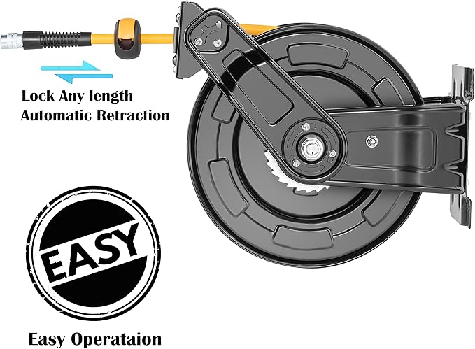 AIRZILLA Premium Steel Retractable Air Hose Reel With Dual Arm, 3/8"x50Ft Hybrid Polymer Hose, Heavy Duty Air Hose Reel included Auto Rewind Reel | Quick Air Coupler | Durable Double side Frame.
