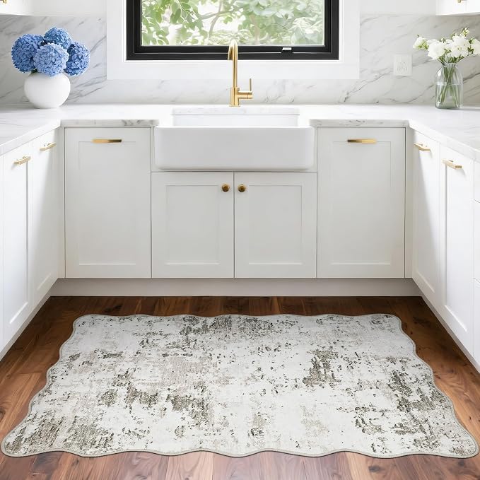 ROYHOME Modern Scalloped Abstract 2x3 Area Rug Non Slip, Taupe | Non Shedding Low Pile Stain Resistant Rug for Entryway Kitchen Bedroom