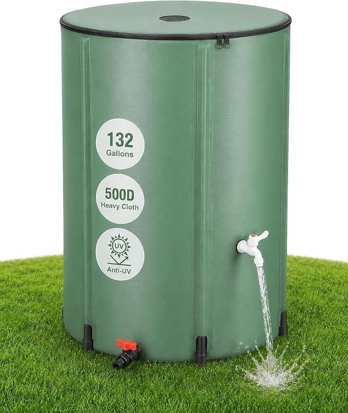 132 Gallon Collapsible Rain Barrel, Rain Water Collection Barrel System Kit, Collapsible Water Tank with 2 Spigots and Overflow Kit, Portable Rain Water Catcher for Garden, Green