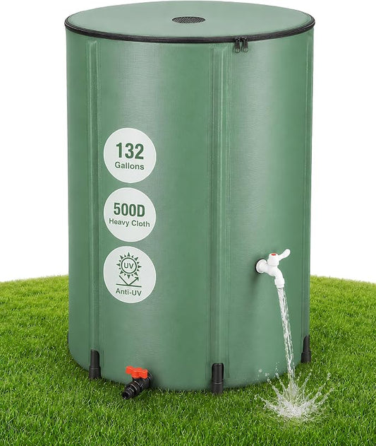 132 Gallon Collapsible Rain Barrel, Rain Water Collection Barrel System Kit, Collapsible Water Tank with 2 Spigots and Overflow Kit, Portable Rain Water Catcher for Garden, Green