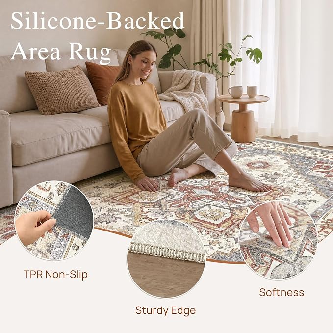 DTICON Vintage Washable 8x10 Area Rug Living Room Rugs, Orange Gray | Boho Distressed, Pet & Kid Friendly, Non-Slip Backing, Soft Polyester, Low-pile Carpet for Living Room, Bedroom, Dining Room