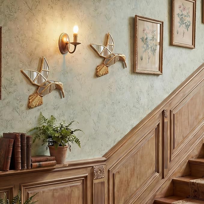 Sliner 2 Pcs Hummingbird Mirror Wall Decor, Gold Resin Aesthetic Bird Wall Art, Vintage Decorative Hanging Glass Mirrors for Victorian Home, Elegant Nature Inspired Summer Wedding Gift