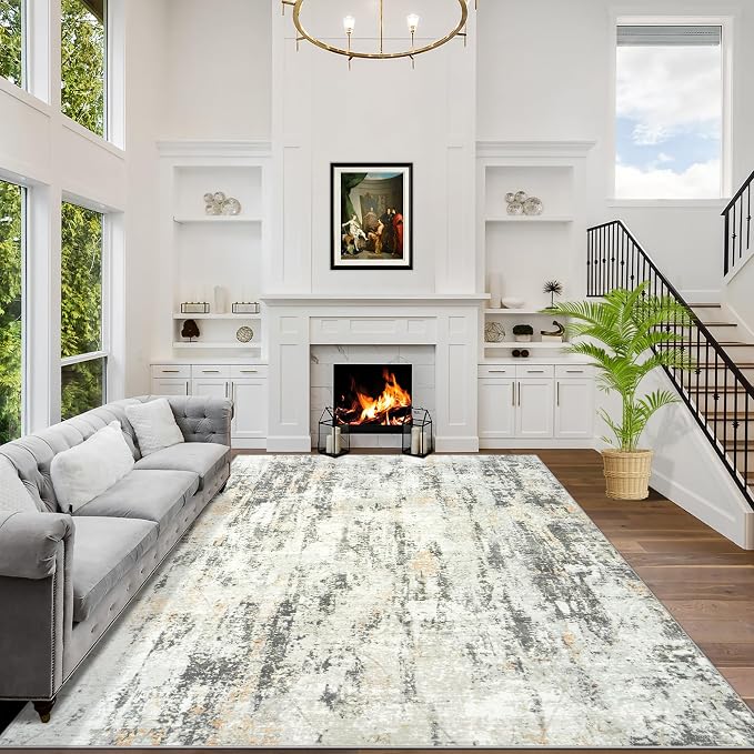 6x9 Area Rugs for Living Room: Washable Abstract Grey Brown Badroom Carpet | Non-slip TPE backing makes this washable soft low-pile rug safe & durable, Pet-friendly decor for dining room,nursery,office