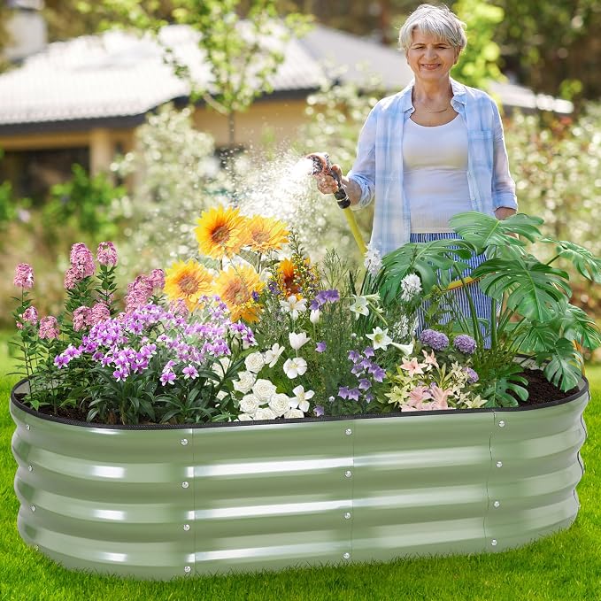 Galvanized Raised Garden Bed - 4×2×1ft (2 Packs) Planter Raised Beds for Gardening | Oval Metal Garden Planter Box with Safety Edging and Gloves for Vegetables Fruits and Flower OliveGreen