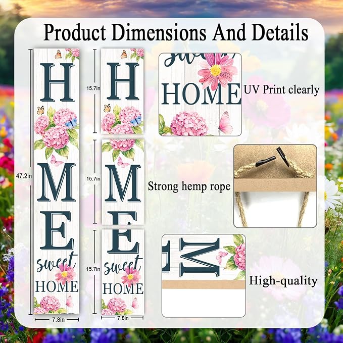 Home Sweet Home Welcome Sign for Front Porch, 47" Wood Framed Porch Sign Spring Hydrangea Flower Decorations with Hanging Rope, Farmhouse Yard Signs Home Decor for Outdoor Patio Gift for Family and Friends