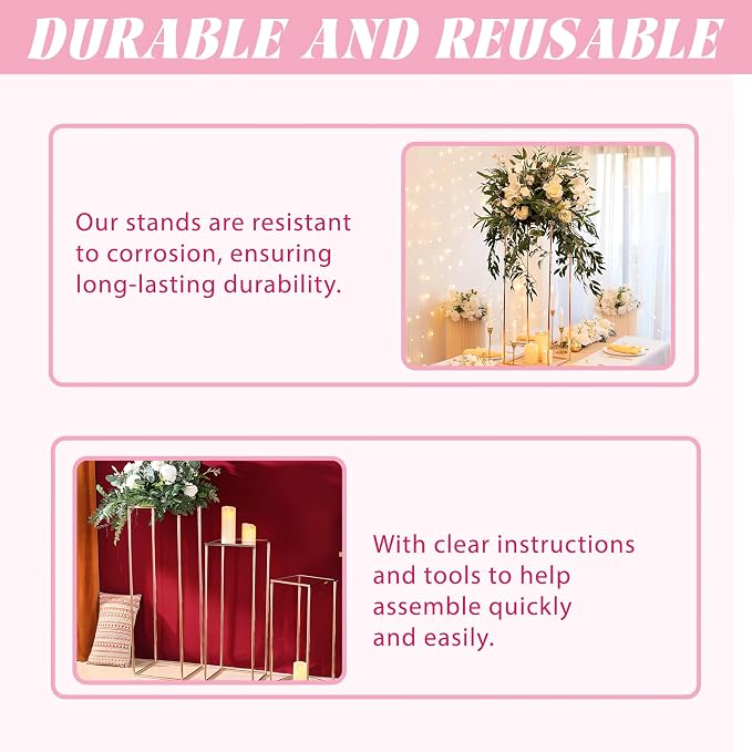 3PCS Cylinder Pedestal Stands for Parties, Square Gold Metal Plant Cylinder Stands for Party Flowers, Display Columns Pedestal Stand Cylinder Tables for Vases Birthday Party Decorations