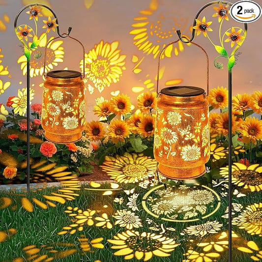 2 Pack Sunflower Solar Lanterns Outdoor with Shepherd Hook, Birthday Gift Mothers Day Gift for Women Mom Grandma Wife Daughter, Waterproof LED Hanging Lights, Decor for Yard Garden Patio Porch Lawn