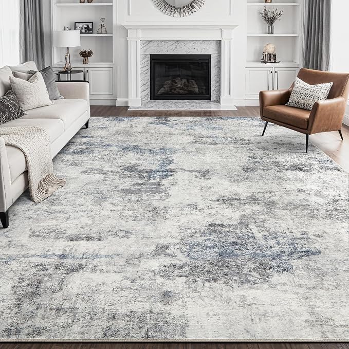 DMOYEST 8x10 Area Rug for Living Room Washable Abstract Indoor Carpet | Neutral Modern Low Pile Rugs Kid & Pet Friendly Large Soft Thin Carpet for Bedroom Dining Room - Grey Blue