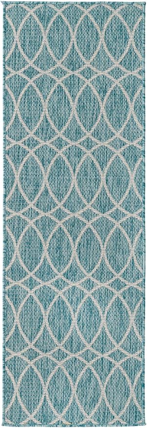 Unique Loom Outdoor Trellis Collection Area Rug - Gitter (2' x 6' 1" Runner, Light Aqua/ Ivory)