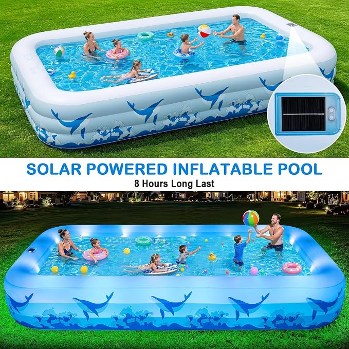 Large Inflatable Pool with Light, 12TF x 6.5TF Inflatable Swimming Pool for Kids Adults, Solar Powered Blow Up Pool Oversized Thickened Family Kiddie Pool for Backyard Outdoor
