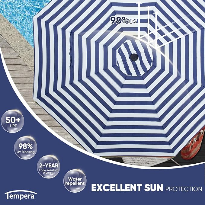 Tempera Patio Market Outdoor Table Umbrella with Push Button Tilt and Crank, Large Sun Umbrella with Sturdy Pole & Fade Resistant Canopy, Easy to Set