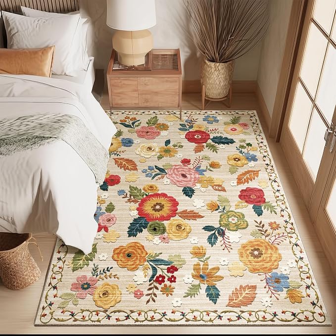 4x6 Washable Area Rugs for Bedroom: Small Living Room Rug with Non Slip Backing Low Pile Soft Faux Wool Distressed Vintage Floral Throw Rugs for Kitchen Entryway Office Nursery Entrance Enytry Indoor