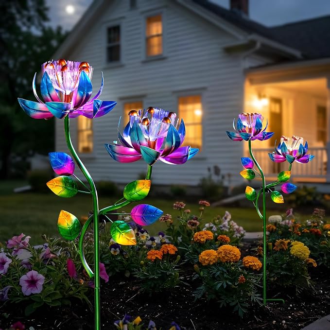 Solar Wind Spinner Outdoor 2-in-1 Garden Decor with LED Lights | Double Lotus Wind Spinner Adds Kinetic Yard Art Charm, Creating A Colorful Rotating Display For Garden Decor, Patio And Lawn