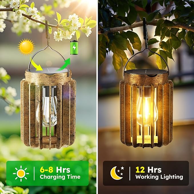 Ahaorigin Solar Lanterns Outdoor Waterproof, Brighter Up to 12 Hrs Outdoor Hanging Solar Lights, Outside Hanging Lanterns for Garden Porch Patio Yard Decor, Gifts for Women Mom Father 2 Pack