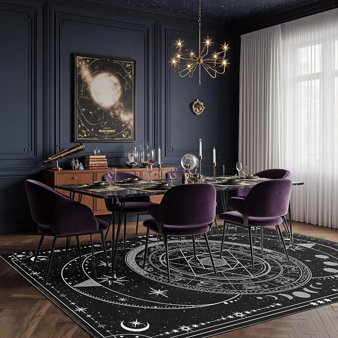 Nayoroom Black Celestial Witchcraft Area Rug, Machine Washable, 8 x 10 ft | Moon phases and tarot motifs; Gothic style; Soft surface; Machine washable; Non-slip backing; Bedroom or altar space