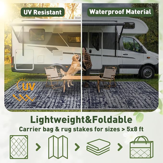 MontVoo Outdoor Rug Waterproof-Patio Rug Mat 5x8 Outdoor RV Camping Picnic Beach Mat Plastic Straw Rugs Outside Outdoor Area Rugs for Balcony Deck Backyard Navy Blue