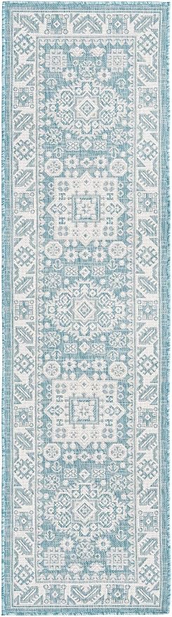Unique Loom Outdoor Aztec Collection Area Rug - Chalca (2' x 7' 10" Runner, Aqua/ Ivory)