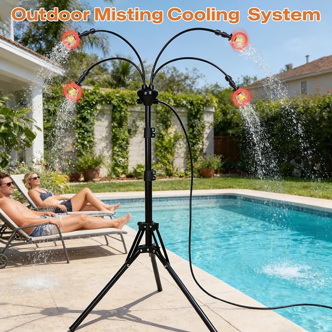 Standing Misters for Outside Patio Cooling, 5.3 FT Adjustable Stand Misting System, 4 Brass Nozzles + 4 Extra Heads, Thickened Base Portable Water Mister for Garden, Deck, Poolside