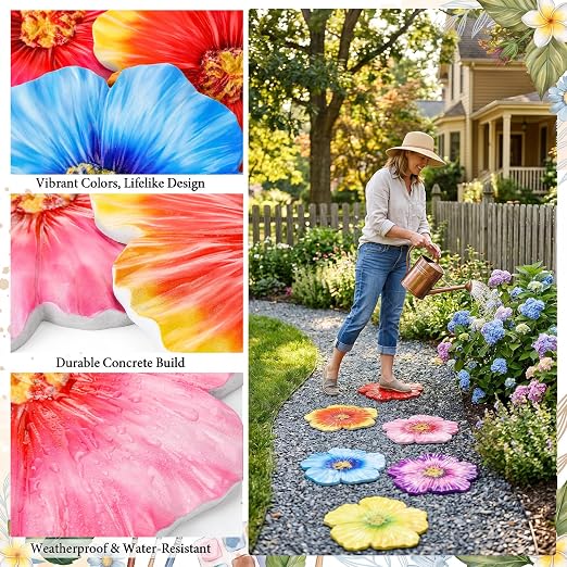 Landical 6 Pack Decorative Stepping Stones for Garden 10 Inch Cement Flower Stepping Stones Decoration for Patio Walkway Yard Outdoor(Hibiscus)